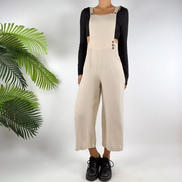 Women's Vintage Cream Cottagecore Peasant Overalls Boho Prairie Overalls / M - Picture 6 of 7